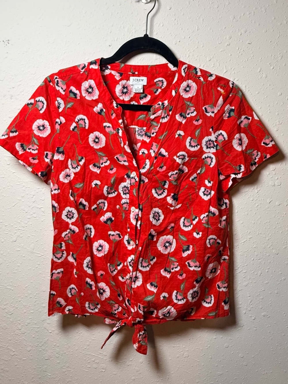 J. Crew Floral Tie Front Cotton Blouse Red Pink Short Sleeve Summer Cottagecore - Picture 2 of 11